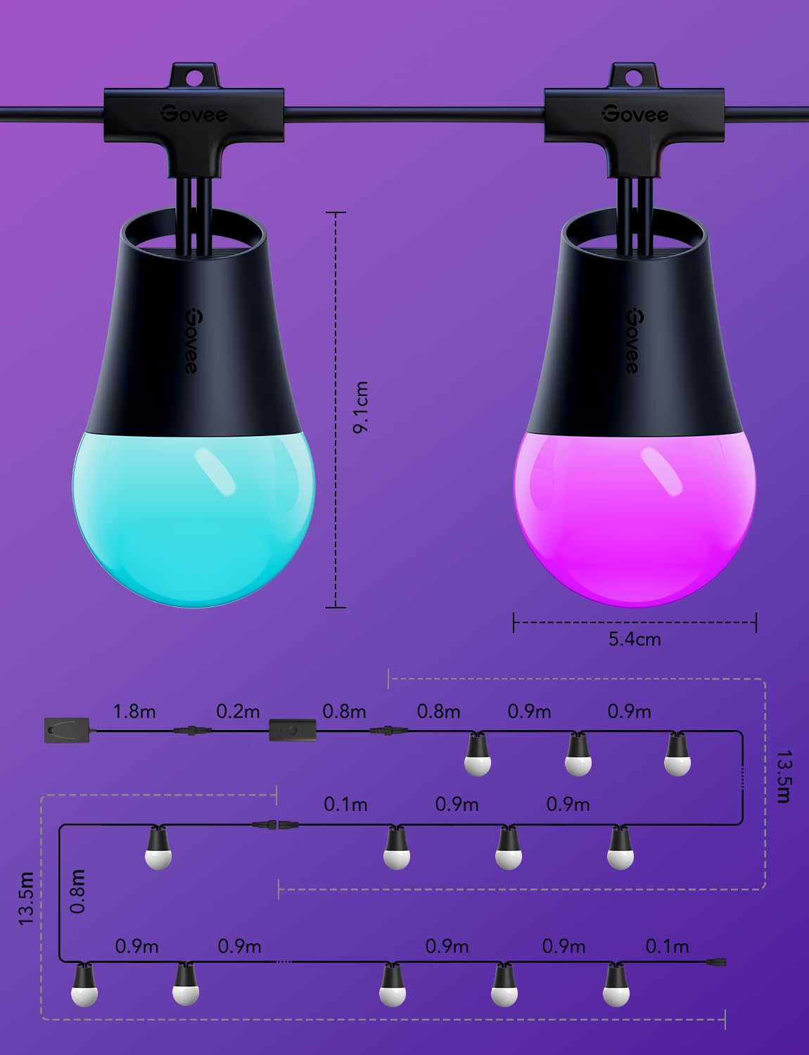 Govee Guirnalda de Luces Inteligentes para Exteriores 2, 30M RGBIC Luces para Exteriores, Bombillas LED Blancas cálidas, Patio Trasero, IP65 Prueba de Agua, Funciona con Alexa, Control de Aplicacione