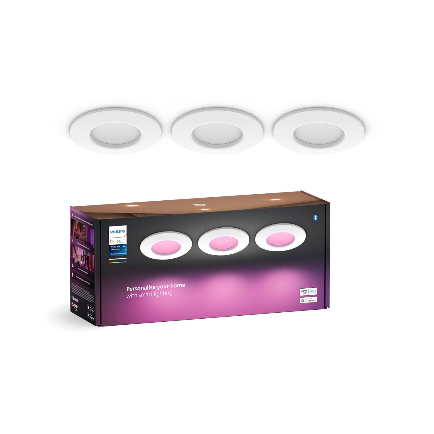 Philips Hue Downlights Slim (Pack de 3un), Tira LED, 90 mm, luz blanca y de color, compatible con Bluetooth, control por voz con Alexa, Apple Home y Google Assistant, en blanco
