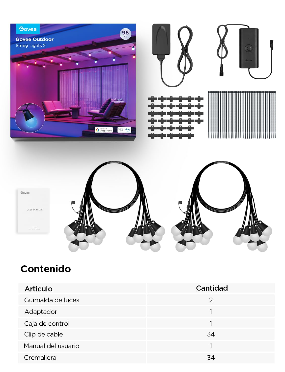Govee Guirnalda de Luces Inteligentes para Exteriores 2, 30M RGBIC Luces para Exteriores, Bombillas LED Blancas cálidas, Patio Trasero, IP65 Prueba de Agua, Funciona con Alexa, Control de Aplicacione
