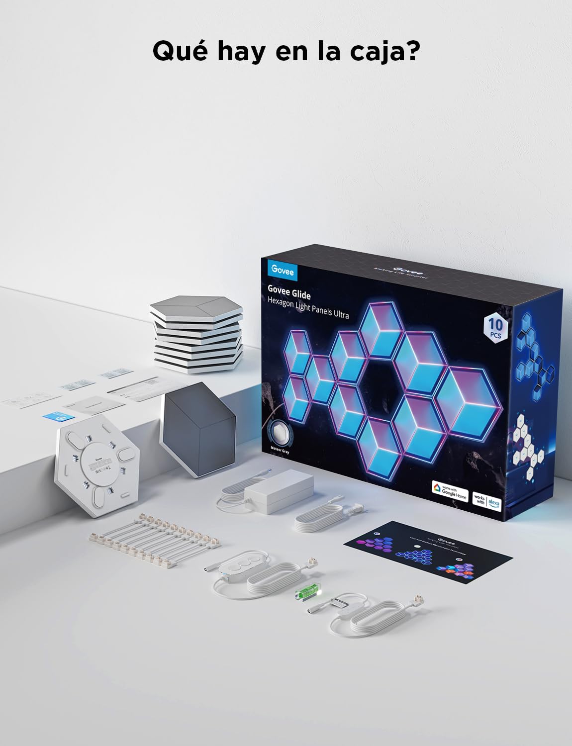 Govee Glide Hexagon Paneles de Luz Ultra, 3D Luces de Pared RGBIC con Alexa, Lámpara Hexagonal con 129 LEDs, 60 Modos de Escena para Gaming, Paredes, Habitaciones, Meteorito Gris,10 Paneles