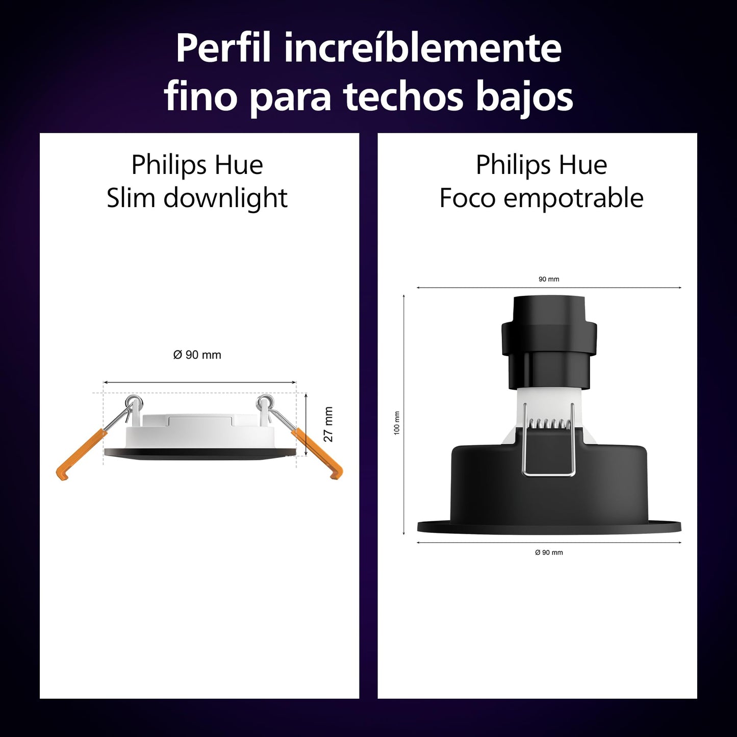 Philips Hue Downlights Slim (Pack de 3un), Tira LED, 90 mm, luz blanca y de color, compatible con Bluetooth, control por voz con Alexa, Apple Home y Google Assistant, en blanco