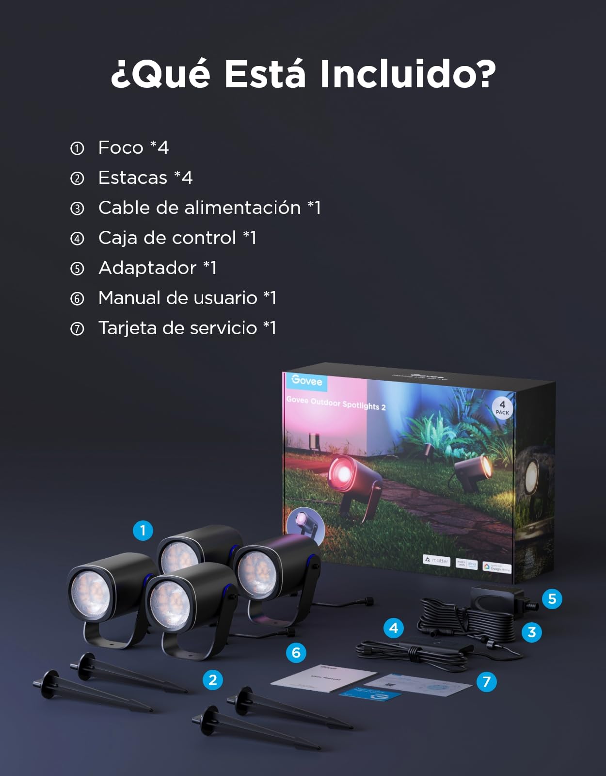 Govee Focos Para Exterior 2, Iluminación de Jardín Resistente al Agua IP67, Foco RGBWIC, 700 lm Regulable, 69 Modos de Escena y 16 mil Colores, Funciona con Alexa, Google Assistant, Matter. 4 paquetes