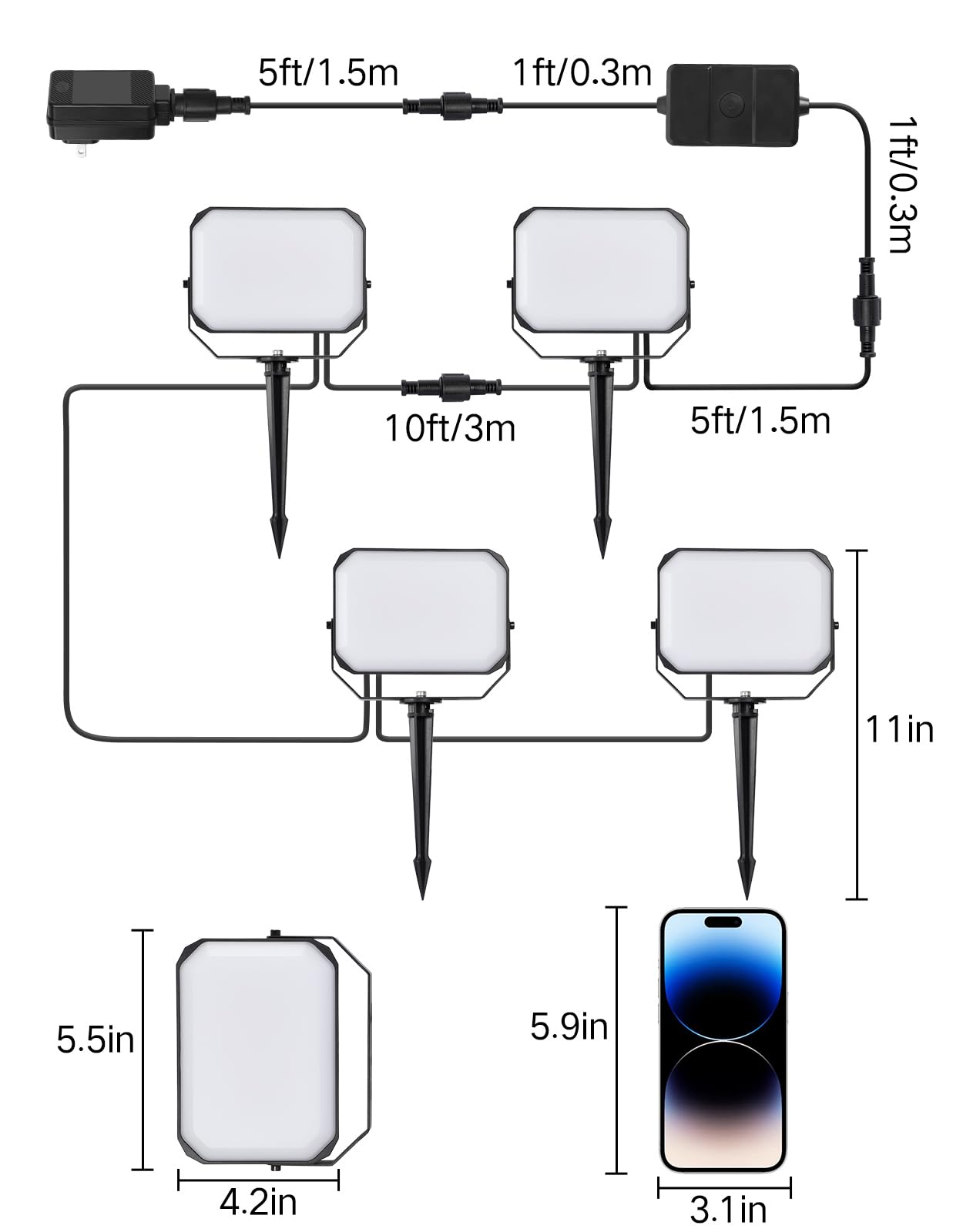 OUTON Foco LED Exterior Inteligente 24W RGBAICW, 2200-6500K, APP + Alexa, IP65, Sincronía Musical, 44 Modos Escena, Pack de 4
