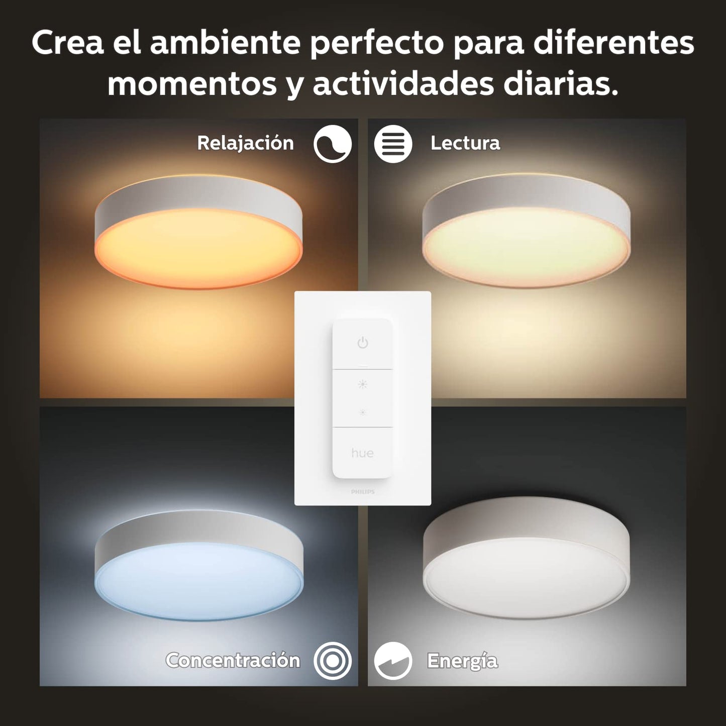 Philips Hue – Lámpara inteligente, Hue Enrave M, Lámpara de Techo LED Inteligente, Luz Blanca de Cálida a Fría, Compatible con Alexa y Google Home, Color Negro