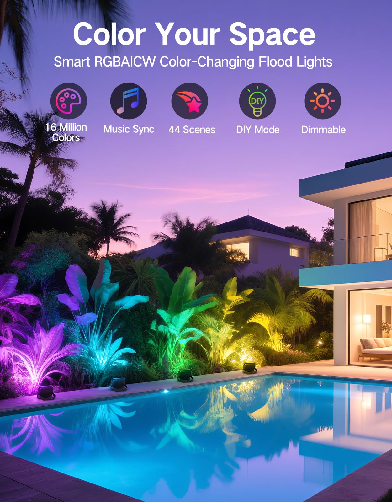 OUTON Foco LED Exterior Inteligente 24W RGBAICW, 2200-6500K, APP + Alexa, IP65, Sincronía Musical, 44 Modos Escena, Pack de 4