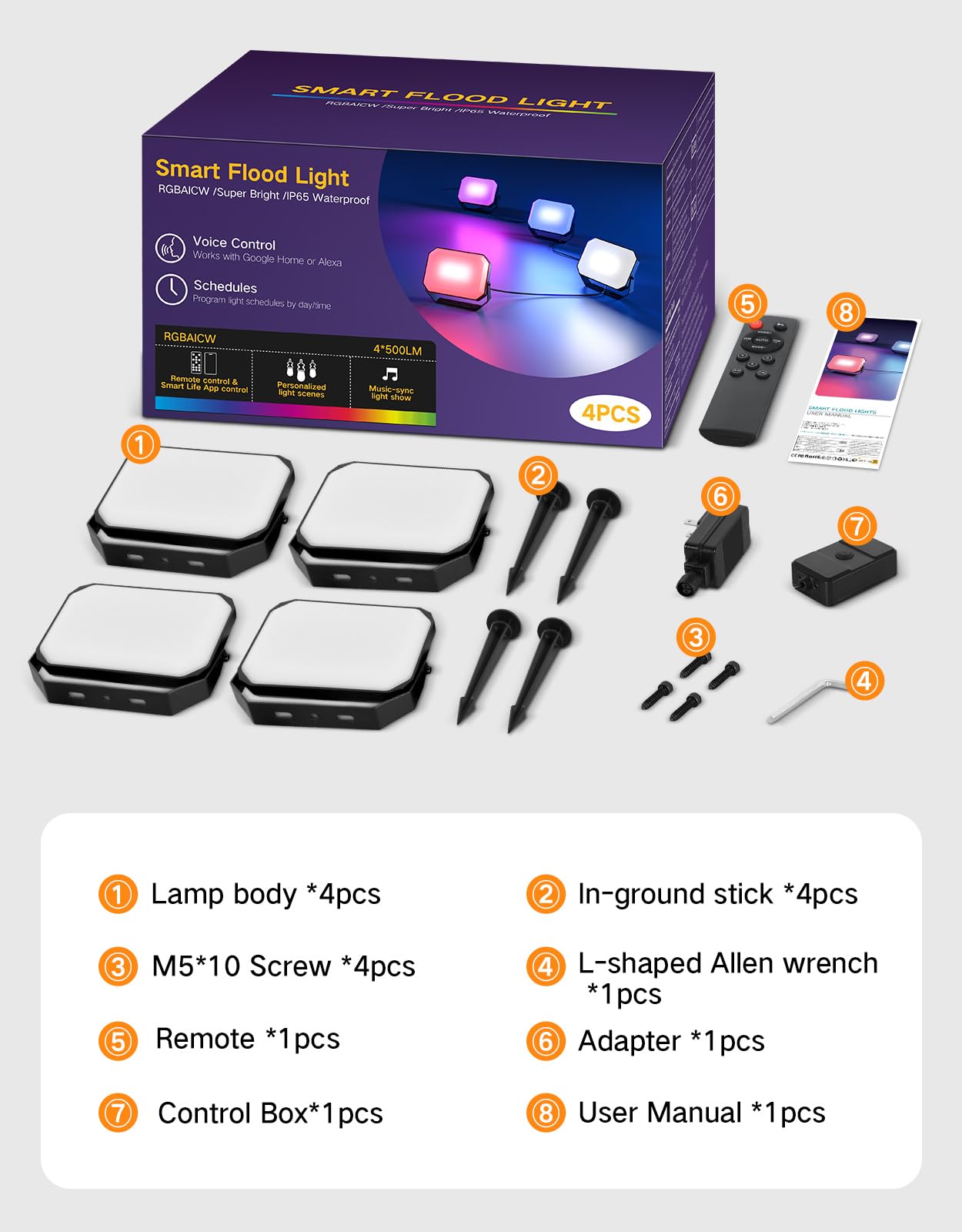 OUTON Foco LED Exterior Inteligente 24W RGBAICW, 2200-6500K, APP + Alexa, IP65, Sincronía Musical, 44 Modos Escena, Pack de 4