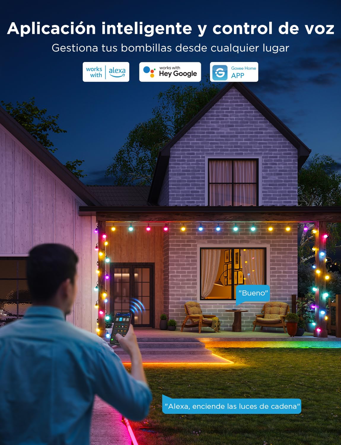 Govee Guirnalda de Luces Inteligentes para Exteriores 2, 30M RGBIC Luces para Exteriores, Bombillas LED Blancas cálidas, Patio Trasero, IP65 Prueba de Agua, Funciona con Alexa, Control de Aplicacione
