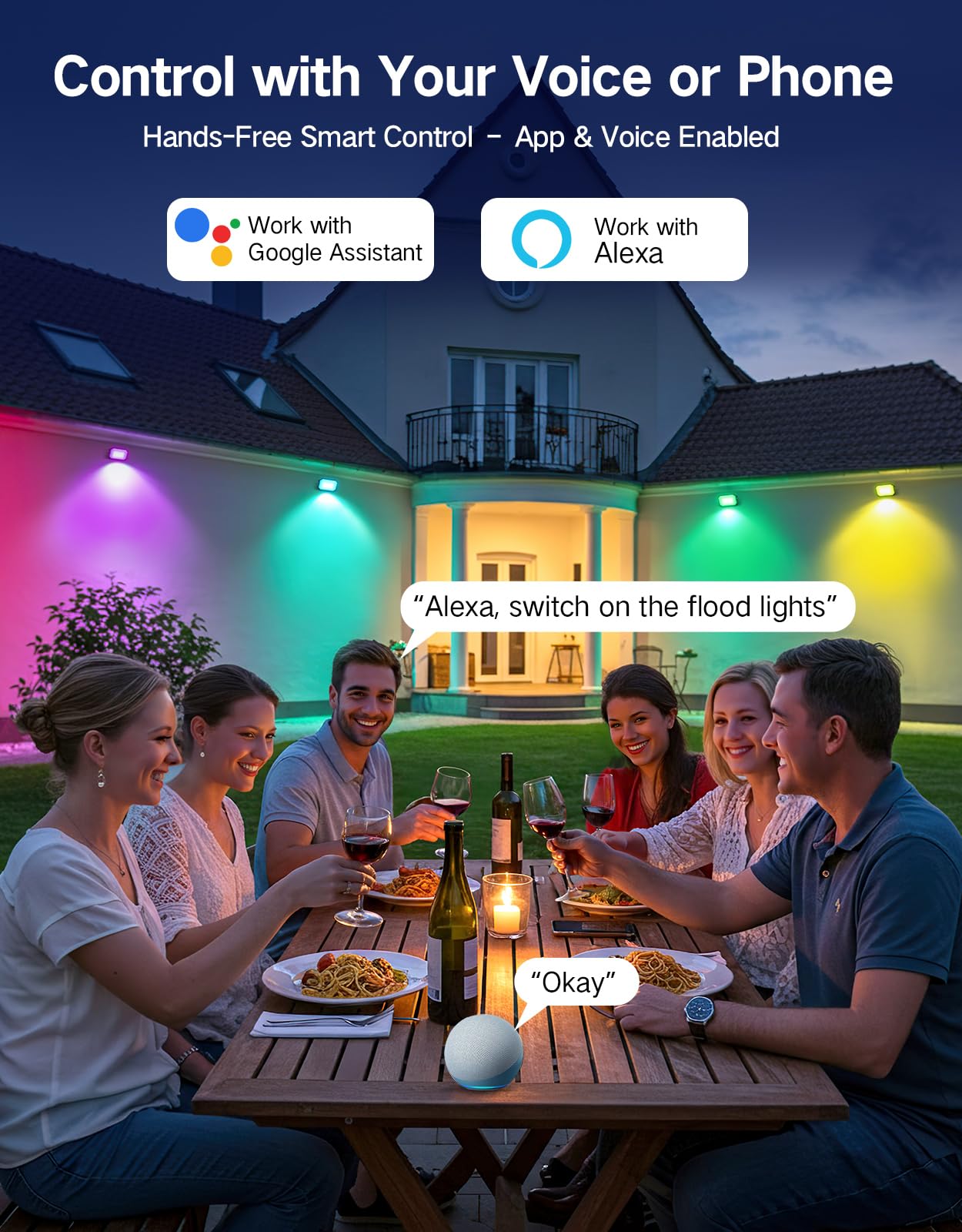 OUTON Foco LED Exterior Inteligente 24W RGBAICW, 2200-6500K, APP + Alexa, IP65, Sincronía Musical, 44 Modos Escena, Pack de 4