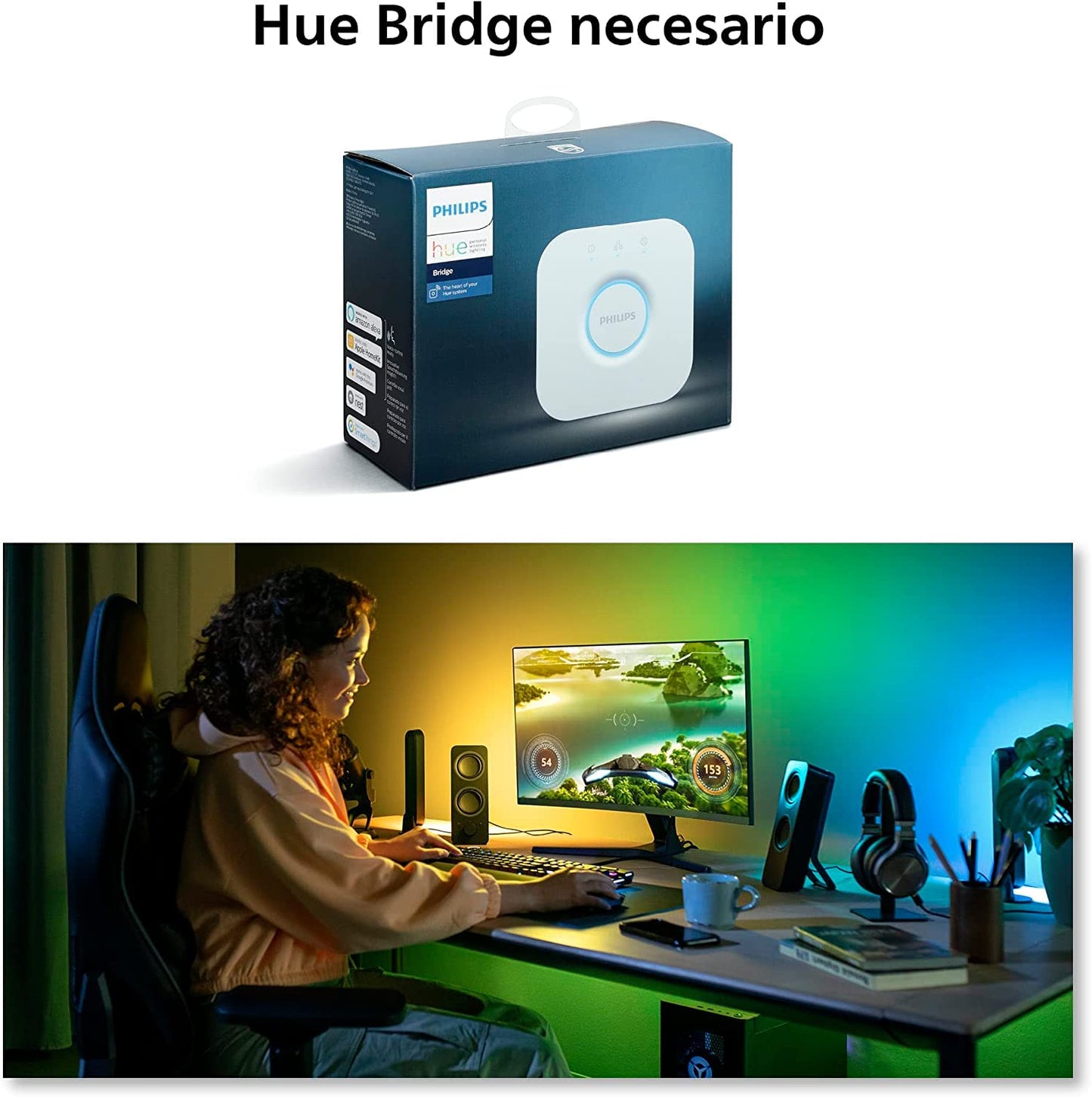 Philips Hue - Tira de luces led inteligente Hue Play Gradient para PC, 32-34", Luz Blanca y de Colores, sincroniza con el contenido de la pantalla, Compatible con Alexa y Google Home