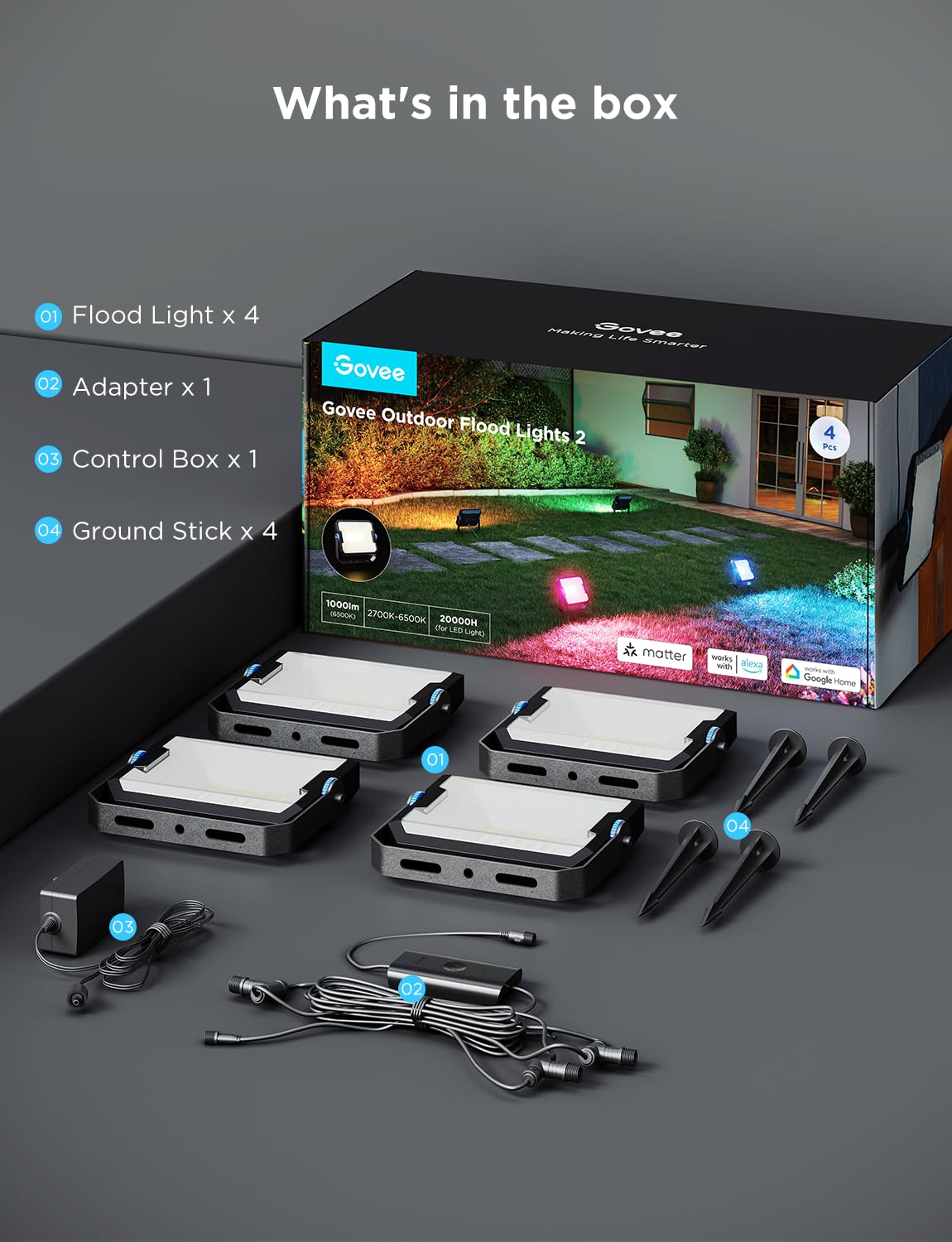 Govee Faros LED Exteriores 2, RGBIC Faros Exteriores con Luz Blanca Fría y Cálida, Funciona con Alexa, Google Home, Matter, 50+ Escenas, Impermeables IP66 Foco para Jardín y Patio, 4pcs