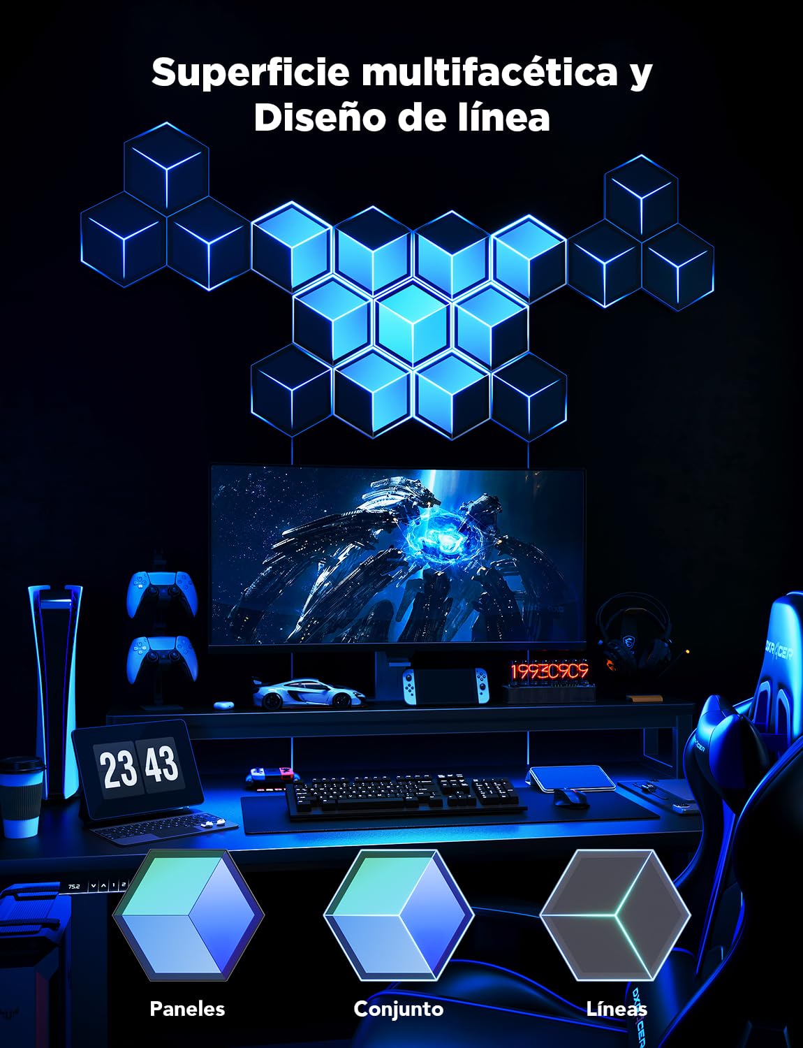 Govee Glide Hexagon Paneles de Luz Ultra, 3D Luces de Pared RGBIC con Alexa, Lámpara Hexagonal con 129 LEDs, 60 Modos de Escena para Gaming, Paredes, Habitaciones, Meteorito Gris,10 Paneles