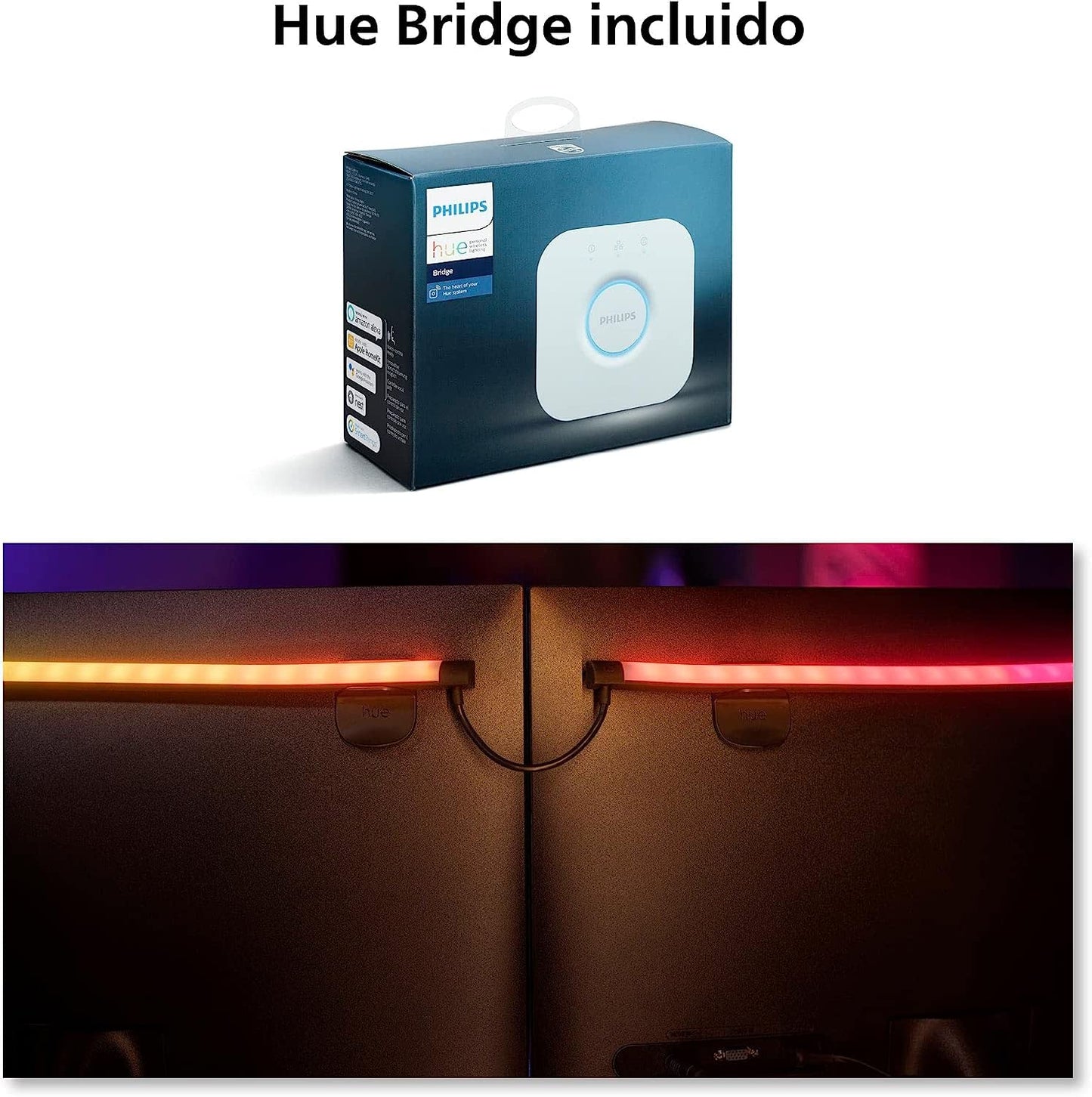 Philips Hue - Kit de inicio 3 Tiras de luces LED Hue Play Gradient para PC - 24-27"+ Hue Bridge, Luz Blanca y de Colores- sincroniza con el contenido de la pantalla, Compatible con Alexa y Google Home