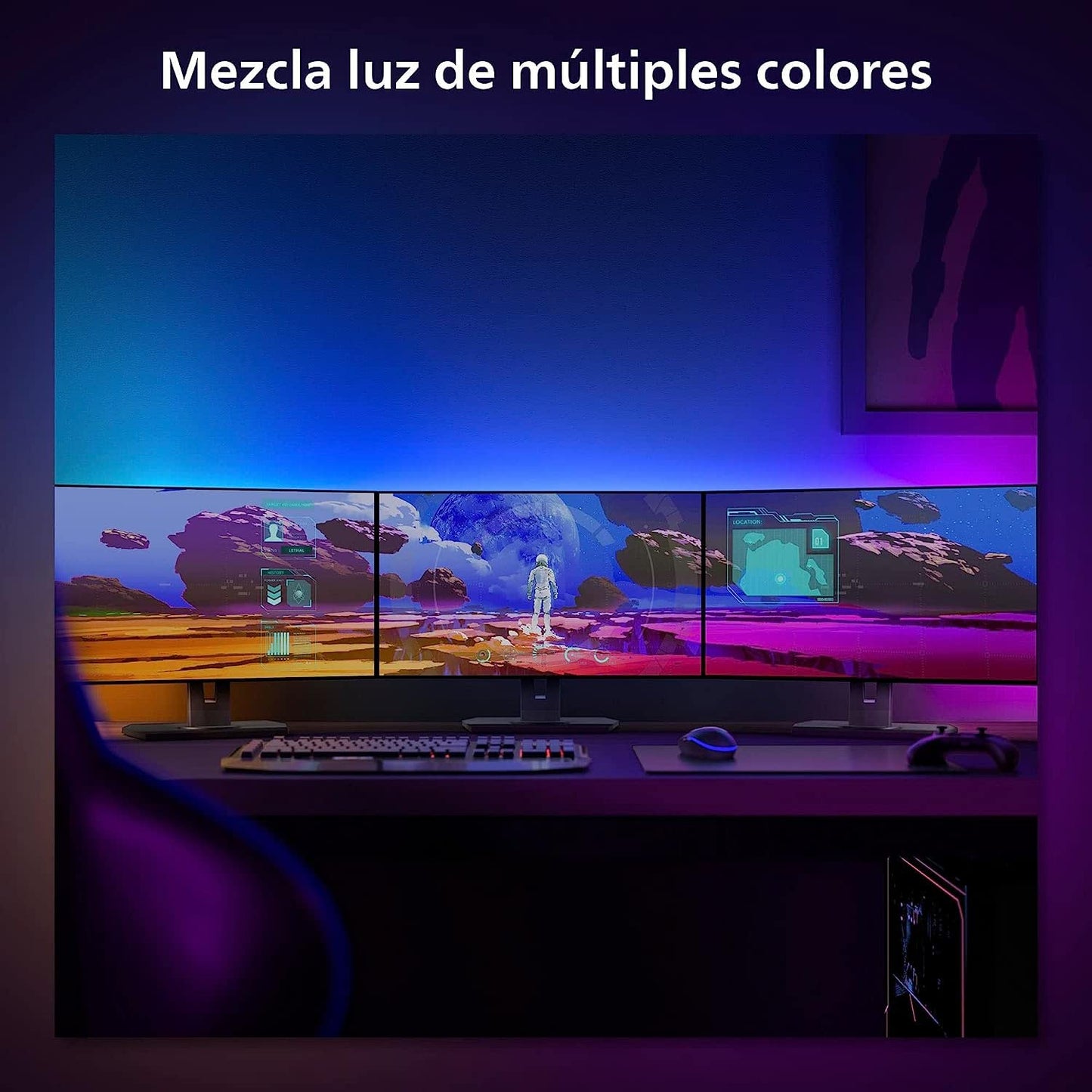 Philips Hue - Kit de inicio 3 Tiras de luces LED Hue Play Gradient para PC - 24-27"+ Hue Bridge, Luz Blanca y de Colores- sincroniza con el contenido de la pantalla, Compatible con Alexa y Google Home