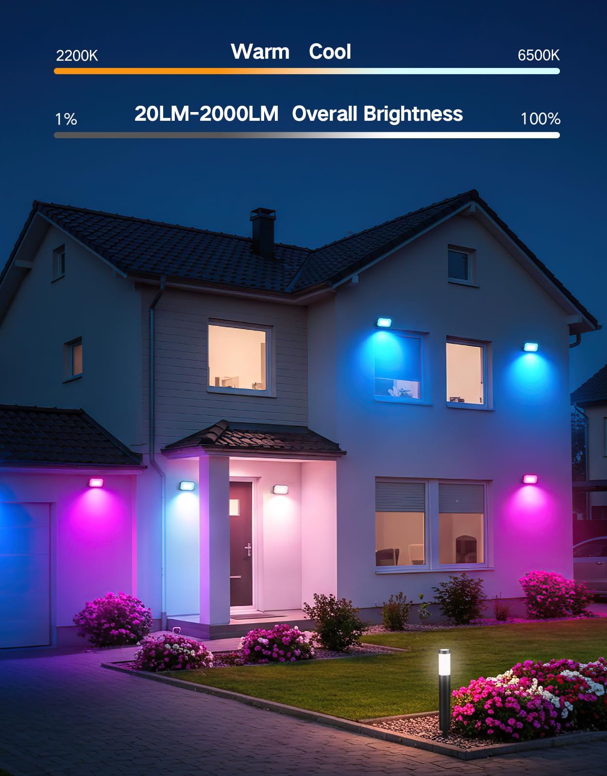 OUTON Foco LED Exterior Inteligente 24W RGBAICW, 2200-6500K, APP + Alexa, IP65, Sincronía Musical, 44 Modos Escena, Pack de 4