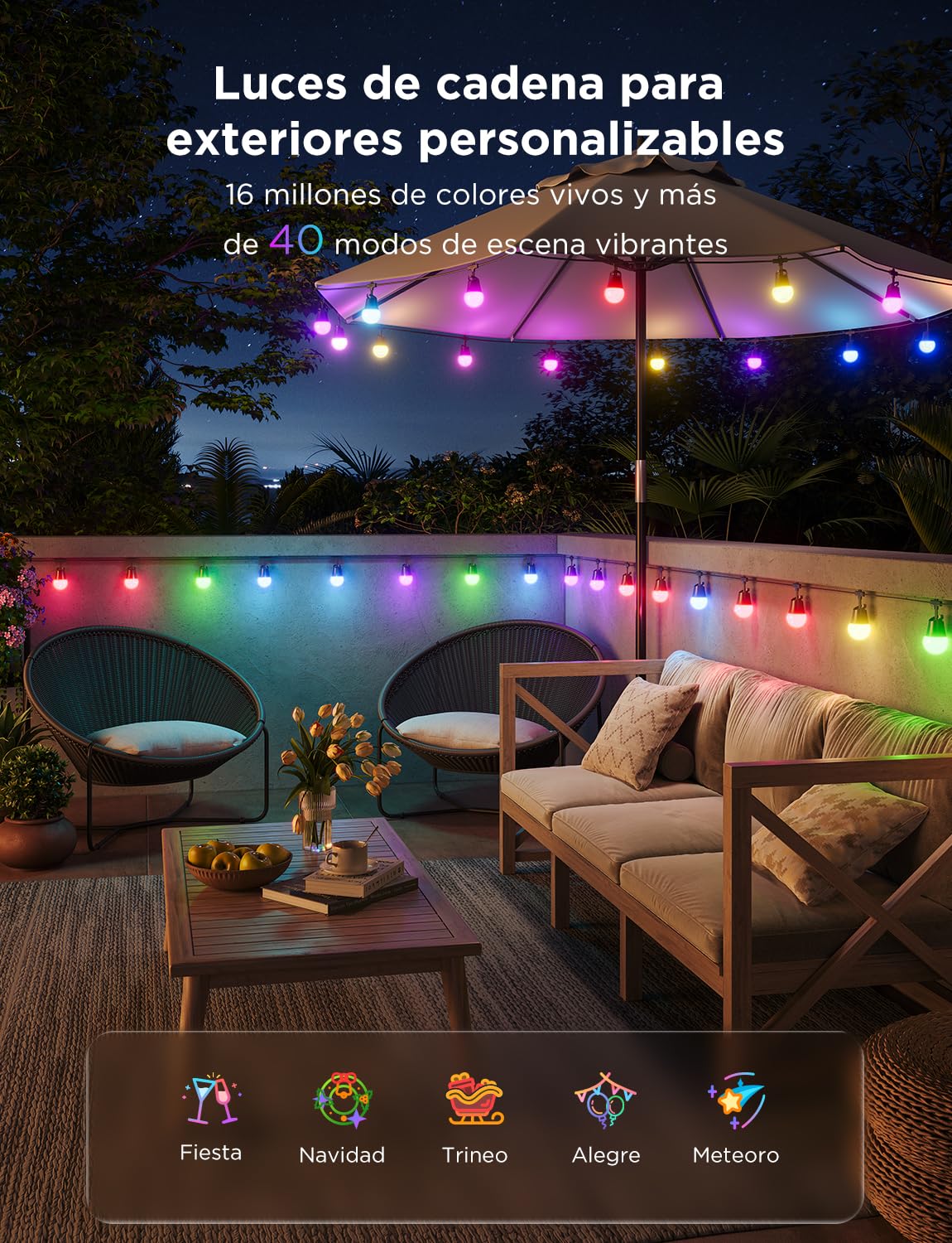 Govee Guirnalda de Luces Inteligentes para Exteriores 2, 30M RGBIC Luces para Exteriores, Bombillas LED Blancas cálidas, Patio Trasero, IP65 Prueba de Agua, Funciona con Alexa, Control de Aplicacione