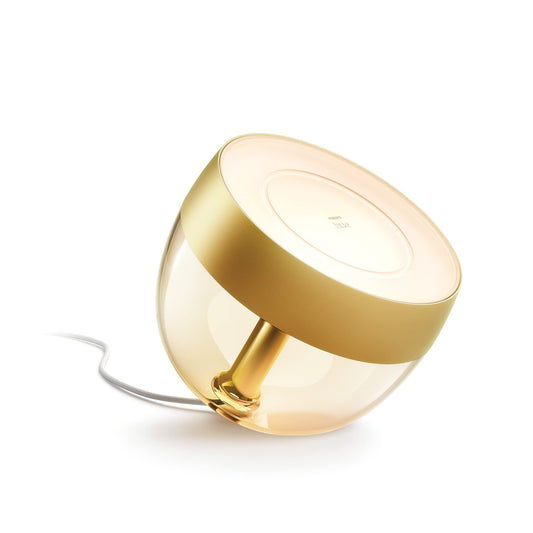 Philips Hue – Lámpara inteligente Philips Hue Iris, Lámpara de Mesa LED Inteligente, 8W - 570 lúmens, Luz Blanca y de Colores, Compatible con Alexa y Google Home, Color Oro