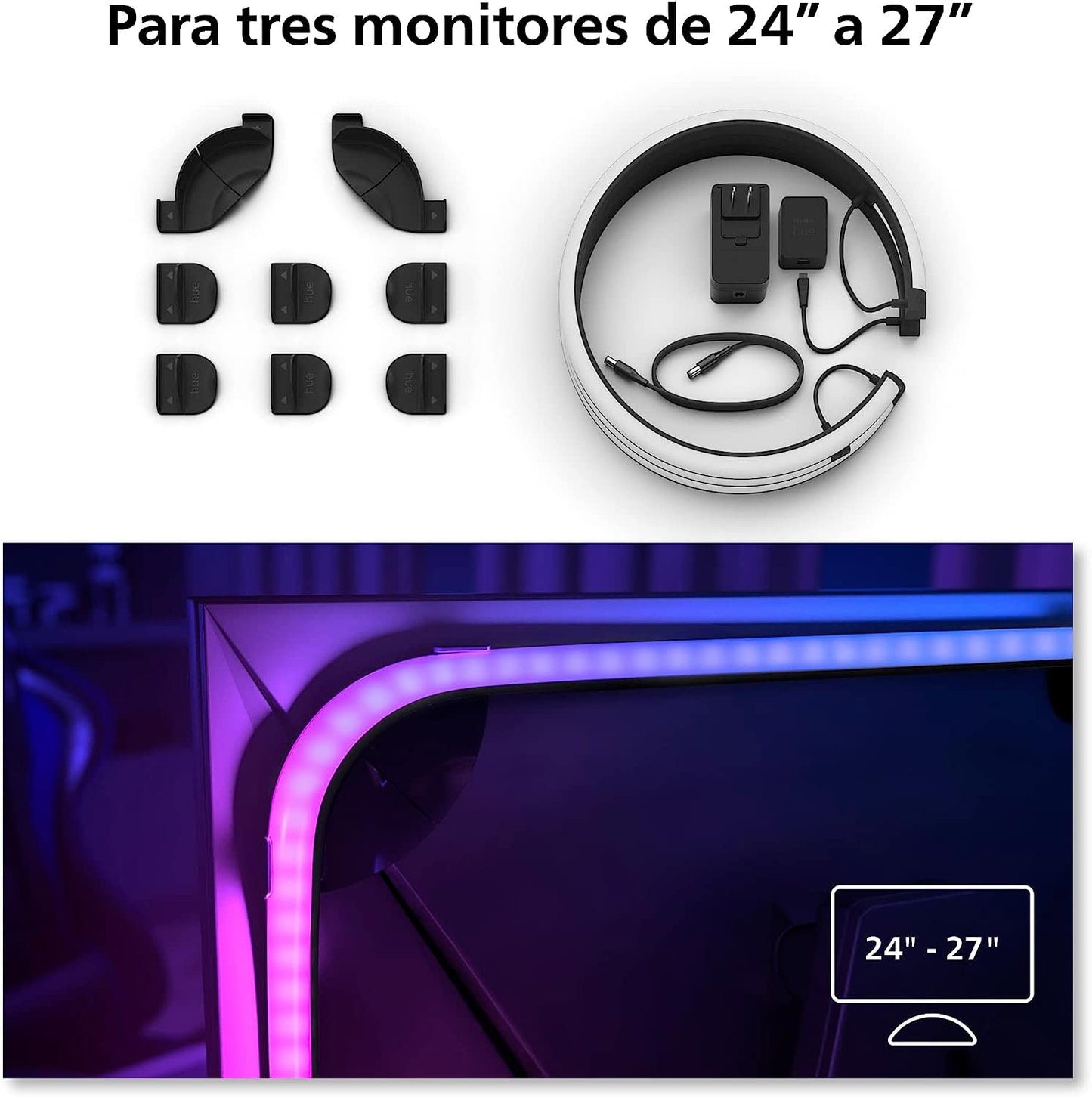 Philips Hue - Kit de inicio 3 Tiras de luces LED Hue Play Gradient para PC - 24-27"+ Hue Bridge, Luz Blanca y de Colores- sincroniza con el contenido de la pantalla, Compatible con Alexa y Google Home