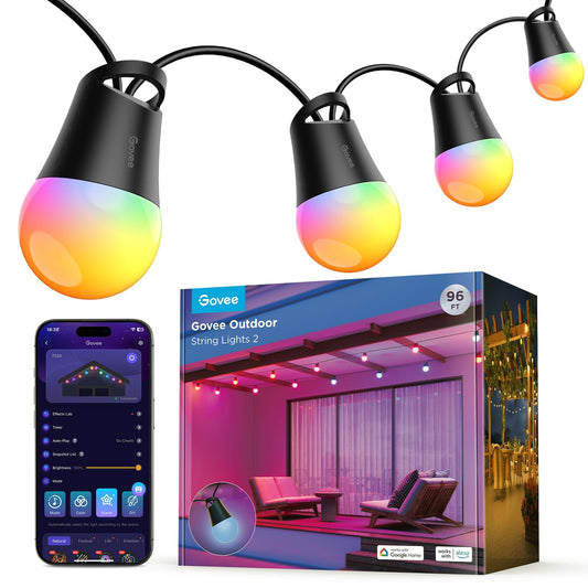 Govee Guirnalda de Luces Inteligentes para Exteriores 2, 30M RGBIC Luces para Exteriores, Bombillas LED Blancas cálidas, Patio Trasero, IP65 Prueba de Agua, Funciona con Alexa, Control de Aplicacione
