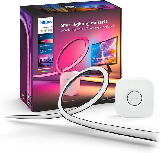 Philips Hue - Kit de inicio 3 Tiras de luces LED Hue Play Gradient para PC - 24-27"+ Hue Bridge, Luz Blanca y de Colores- sincroniza con el contenido de la pantalla, Compatible con Alexa y Google Home