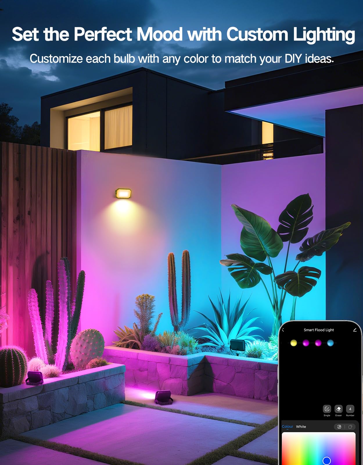 OUTON Foco LED Exterior Inteligente 24W RGBAICW, 2200-6500K, APP + Alexa, IP65, Sincronía Musical, 44 Modos Escena, Pack de 4