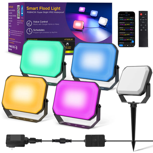 OUTON Foco LED Exterior Inteligente 24W RGBAICW, 2200-6500K, APP + Alexa, IP65, Sincronía Musical, 44 Modos Escena, Pack de 4