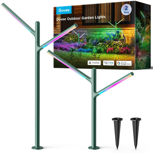 Govee Luz LED para Jardín Exteriores, RGBWWIC Lámpara de Metal Impermeable IP66, Altura Personalizable, 16 Millones de Colores, 64 Escenas, Alexa Matter Compatible, Jardín Camino Césped Decor, 2pcs
