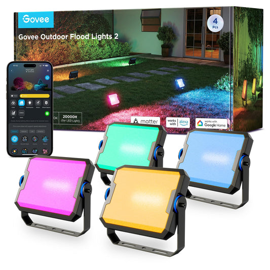 Govee Faros LED Exteriores 2, RGBIC Faros Exteriores con Luz Blanca Fría y Cálida, Funciona con Alexa, Google Home, Matter, 50+ Escenas, Impermeables IP66 Foco para Jardín y Patio, 4pcs