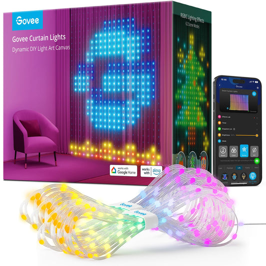 Govee Curtain Lights, 520 LEDs RGBIC, Luces LED WiFi Inteligentes para Cortinas de Exterior, Modo DIY, IP65 Impermeable, Luces que Cambian de Color para Dormitorio, Salón (1.5×2m)